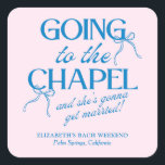 Going to the Chapel Bachelorette Weekend Quadratischer Aufkleber<br><div class="desc">The Going to the Chapel Bachelorette Collection blends playful charm with classic bridal style. Featuring a soft pink background paired with bold blue typography, this suite captures the excitement of a bride-to-be heading down the aisle. Delicate bow illustrations and a mix of elegant serif and flowing script fonts add a...</div>