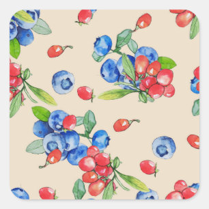 Goji, Blaubeere: Wasserfarben-Illustrationsmuster. Quadratischer Aufkleber