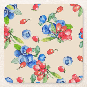 Goji, Blaubeere: Wasserfarben-Illustrationsmuster. Rechteckiger Pappuntersetzer