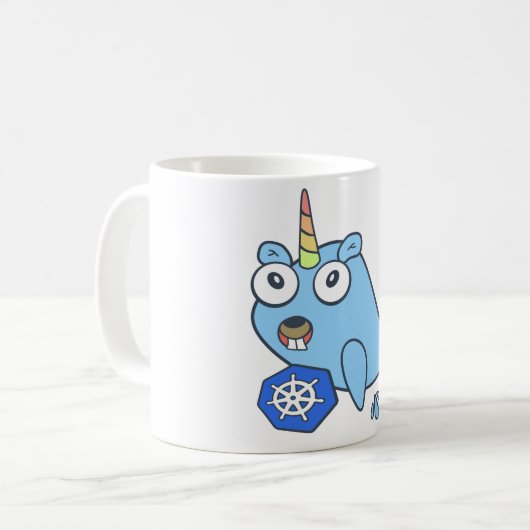 Golang Gopher Docker Einhorn mit Kubernetes Kaffeetasse (Vorderseite Links)
