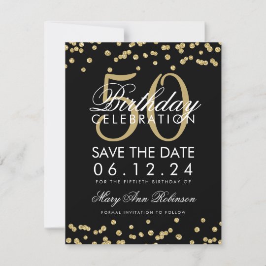 Gold50. Geburtstag retten DatumconfettiSchwarzes Save The Date Zazzle.de
