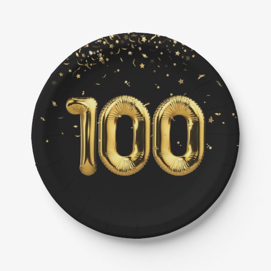 Gold 100. Geburtstagsballons mit Confetti Pappteller (Vorderseite)