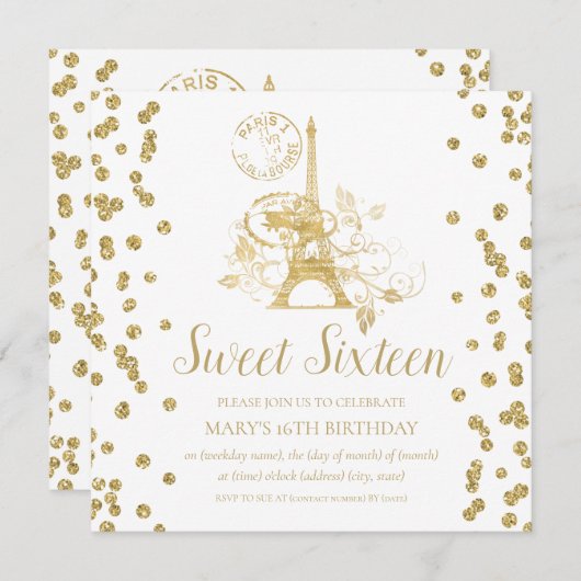Gold 16 . Geburtstag Paris Glitzer Confetti Einladung (Vorne/Hinten)