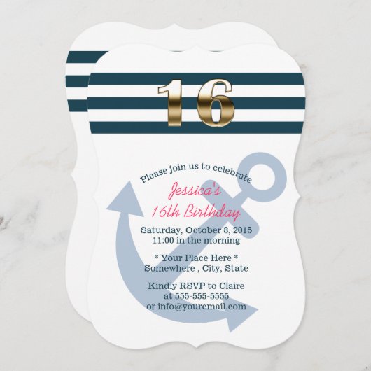 Gold 16 Nautische Streifen Sweet 16 Einladung (Vorne/Hinten)