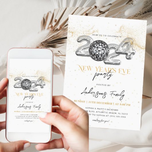 Gold 2024 Silvester Party Disco Ball Einladung