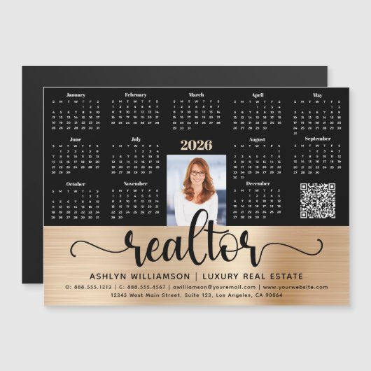 Gold 2026 Calendar Foto QR Code Magnet (Vorne/Hinten)
