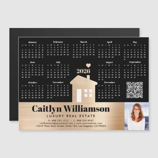 Gold 2026 Calendar Foto QR Code Magnet (Vorne/Hinten)