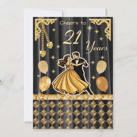 Gold 21st Birthday with Dancing Couple Invitation Einladung (Vorderseite)