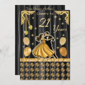 Gold 21st Birthday with Dancing Couple Invitation Einladung (Vorne/Hinten)
