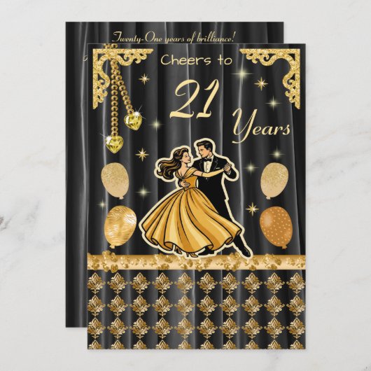 Gold 21st Birthday with Dancing Couple Invitation Einladung (Vorne/Hinten)