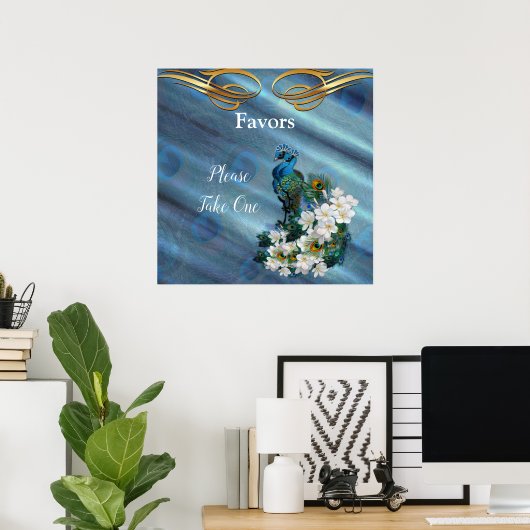 Gold, 2 Pfauen auf Smaragdgrüner Seide Poster (Heimbüro)