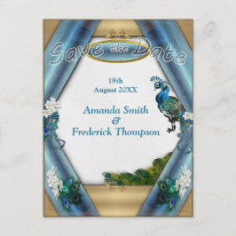 Gold, 2 Pfauen, Federn auf Smaragdgrüner Seide Ankündigungspostkarte