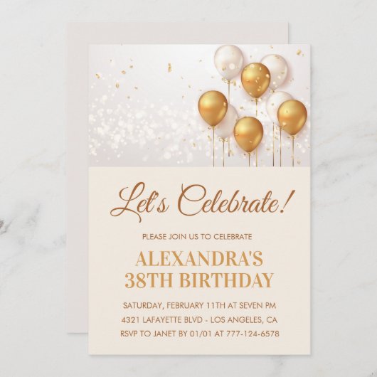 Gold 38. Geburtstag Einladungen Balloons (Vorne/Hinten)
