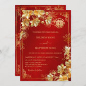 Gold 3 D Blume Chinesische Hochzeit Einladung (Vorne/Hinten)