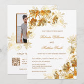 Gold 3 D Blume Weiß Einladung (Vorne/Hinten)