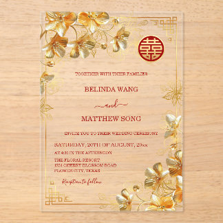 Gold 3 D Flowers Chinese Wedding Acryleinladungen