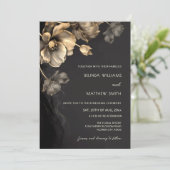 Gold 3D Flowers Black Wedding Invitation Einladung (Stehend Vorderseite)