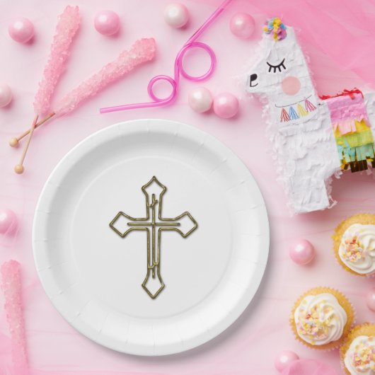 Gold 3D Looking Cross Kontur Pappteller (Party)