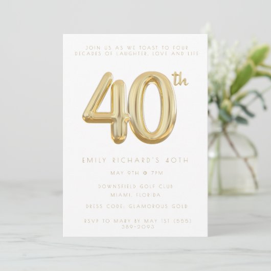 Gold 40. Geburtstag Party Ballon Einladung (Stehend Vorderseite)