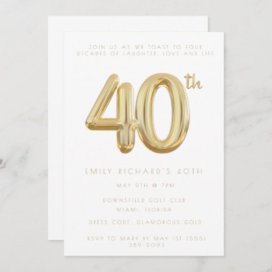 Gold 40. Geburtstag Party Ballon Einladung (Vorne/Hinten)