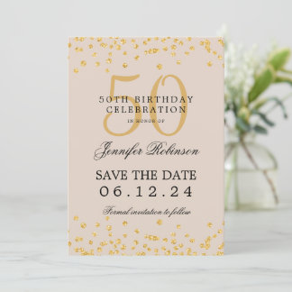 Gold 50. Geburtstag Rett Datum Confetti Champagne Einladung