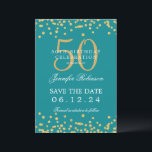 Gold 50. Geburtstag Save the Date Confetti Aquamar Einladung<br><div class="desc">Elegantes "50th Birthday Party" Design mit Imitats Glitzer Konfetti und Details Text. Einfach zu bedienen und leicht zu personalisieren. Bestelle noch heute!</div>