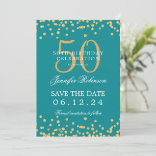 Gold 50. Geburtstag Save the Date Confetti Aquamar Einladung