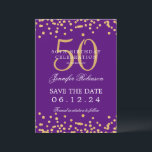 Gold 50. Geburtstag Save the Date Confetti Lila Einladung<br><div class="desc">Elegantes "50th Birthday Party" Design mit Imitats Glitzer Konfetti und Details Text. Einfach zu bedienen und leicht zu personalisieren. Bestelle noch heute!</div>