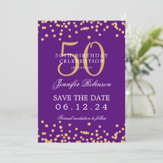 Gold 50. Geburtstag Save the Date Confetti Lila Einladung