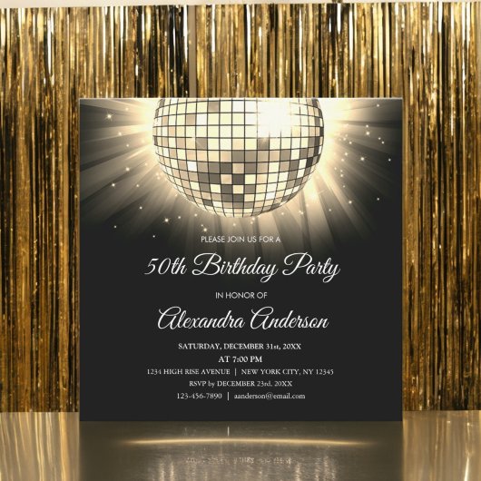 Gold 50. Geburtstagsparty Disco Ball Einladung
