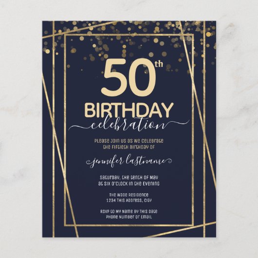 Gold 50. Geburtstagsparty Einladung (Vorderseite)