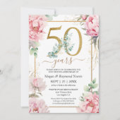 Gold 50. Hochzeit Jubiläum Pink Peony Einladung (Vorderseite)