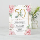 Gold 50. Hochzeit Jubiläum Pink Peony Einladung (Stehend Vorderseite)