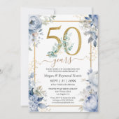 Gold 50. Hochzeitstag Dusty Blue Floral Einladung (Vorderseite)