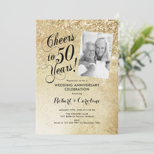 Gold 50. Hochzeitstag Foto Einladung (Stehend Vorderseite)