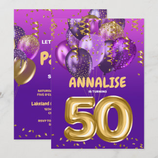 Gold 50 Jahre alt Confetti Lila 50. Geburtstag Einladung