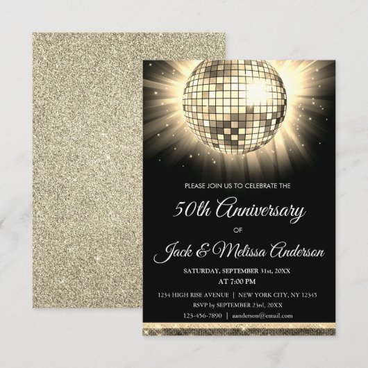 Gold 50 Jahre Party Disco Ball Einladung (Vorne/Hinten)
