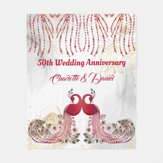 Gold 50-jähriges Red Peacock Liebe Wing Heart Fleecedecke (Vorderseite)