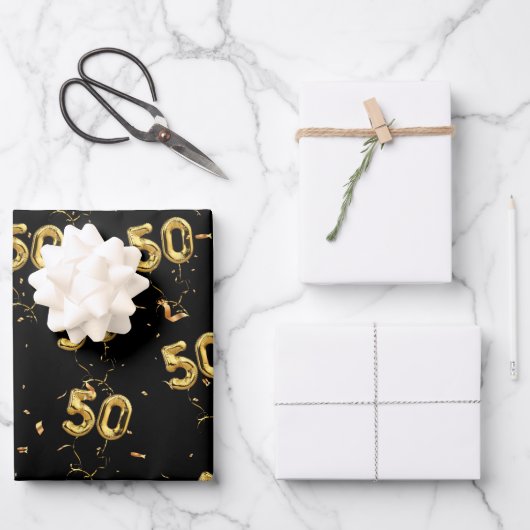 Gold 50 Mylar Balloons und Confetti Geschenkpapier Set (Vorderseite)