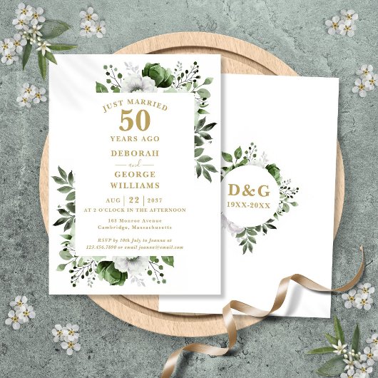 Gold 50th Wedding Anniversary Monogram Floral Einladung