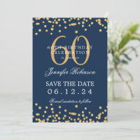 Gold 60. Geburtstag Save the Date Confetti Navy Bl