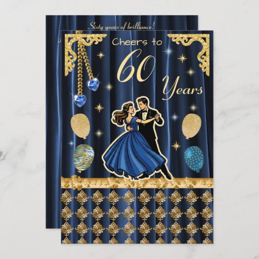Gold 60th Birthday with Dancing Couples Einladung (Vorne/Hinten)