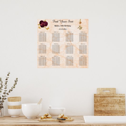 Gold 70 & Blumendesign Alphabetische Sitzkarte Poster (Küche)