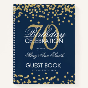 Gold 70. Geburtstag Gästebuch Confetti Navy Blue Notizblock