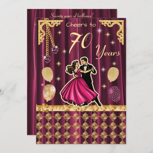 Gold 70th Birthday with Dancing Couples Einladung (Vorne/Hinten)