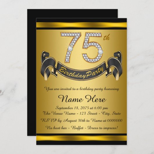 Gold 75. Geburtstagsparty Einladung (Vorne/Hinten)