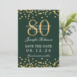 Gold 80. Geburtstag Rett Datum Confetti Green Einladung