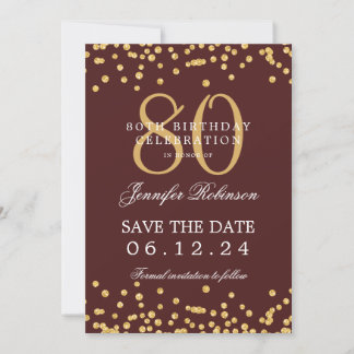 Gold 80. Geburtstag Save the Date Confetti Burgund Einladung