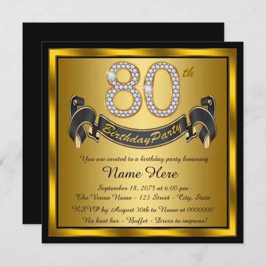 Gold 80. Geburtstagsparty Einladung (Vorne/Hinten)