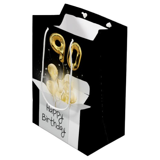 Gold 90. Geburtstag Ballons in Box Mittlere Geschenktüte (Vorderseite Schrägansicht)